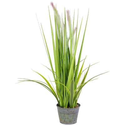 24" Artificial Green Onion Grass Plant in Tin Pot