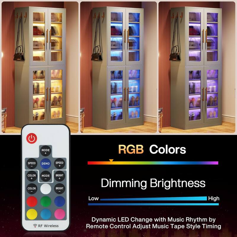 8-tier Modern Tall Bookcase Bookshelf with Doors and LED Light