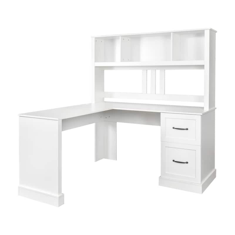 Wood Computer Desk with Hutch, L-Shaped Office Desk with Bookshelf, Storage Cabinet, Modern Workstation for Office Home