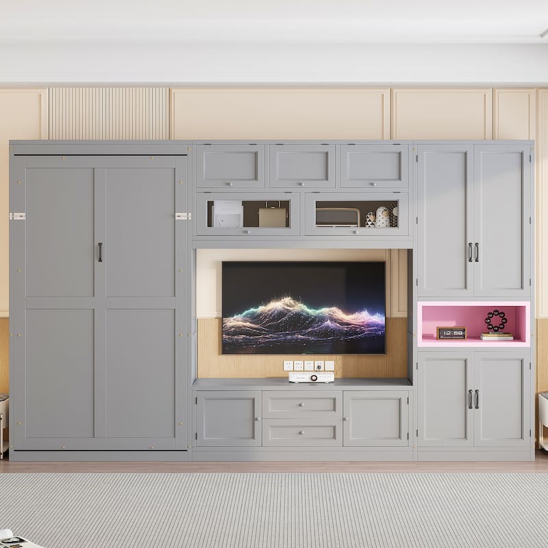 Twin Size Wooden Murphy Bed with TV Stand, Flip-Up Cabinets & Vibrant Accent Storage by Harper&Bright Designs - Grey