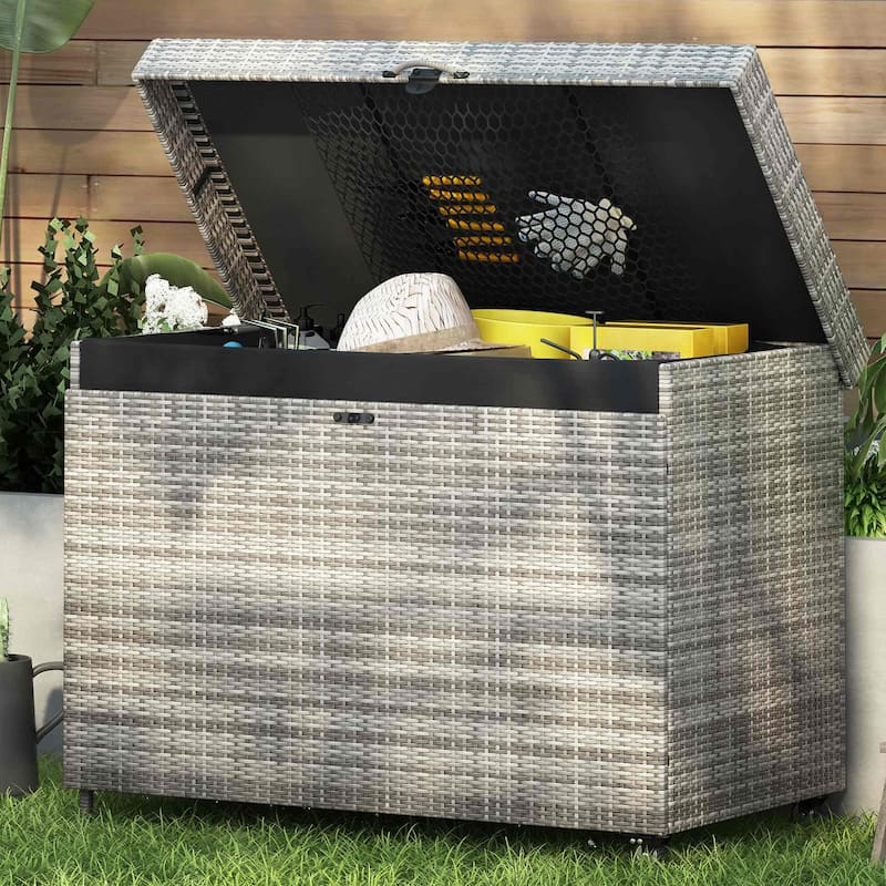 230 Gallon Wicker Deck Box Outdoor Storage with Wheels and Lockable Lid