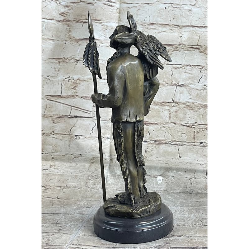 Native American Warrior And Eagle Sculpture Signed Original M. Lopez Bronze