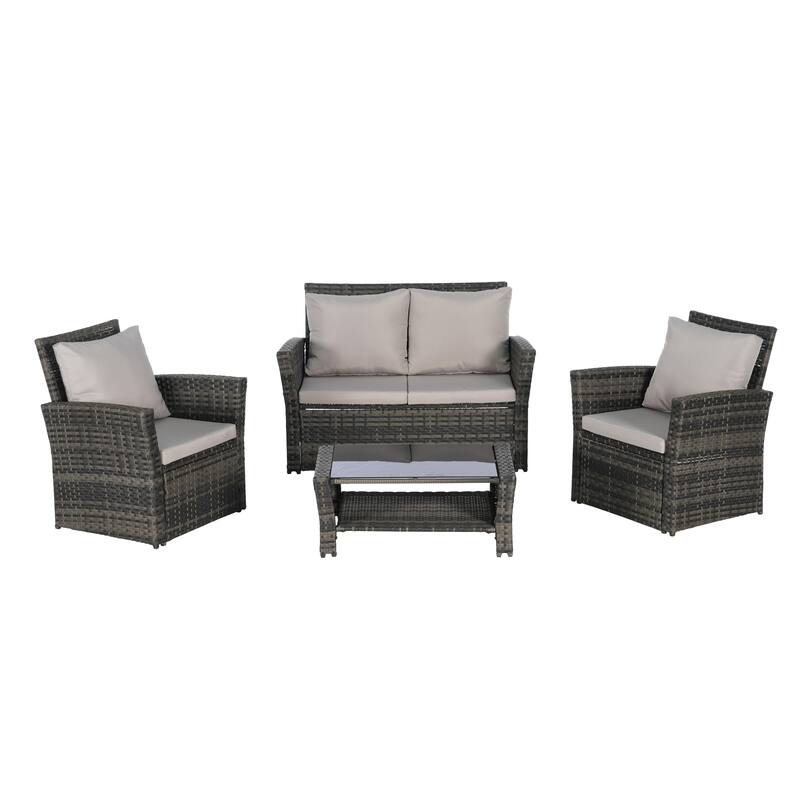4-Piece Outdoor Patio Rattan Conversation Sofa Set with Tempered Glass Coffee Table