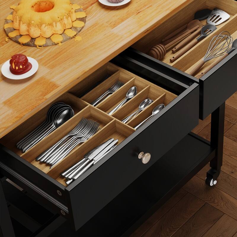 Kitchen Island Cart, Rolling Trolley Utility Cart on Wheels with 2 Drawers and 2 Open Tiers Storage Shelves