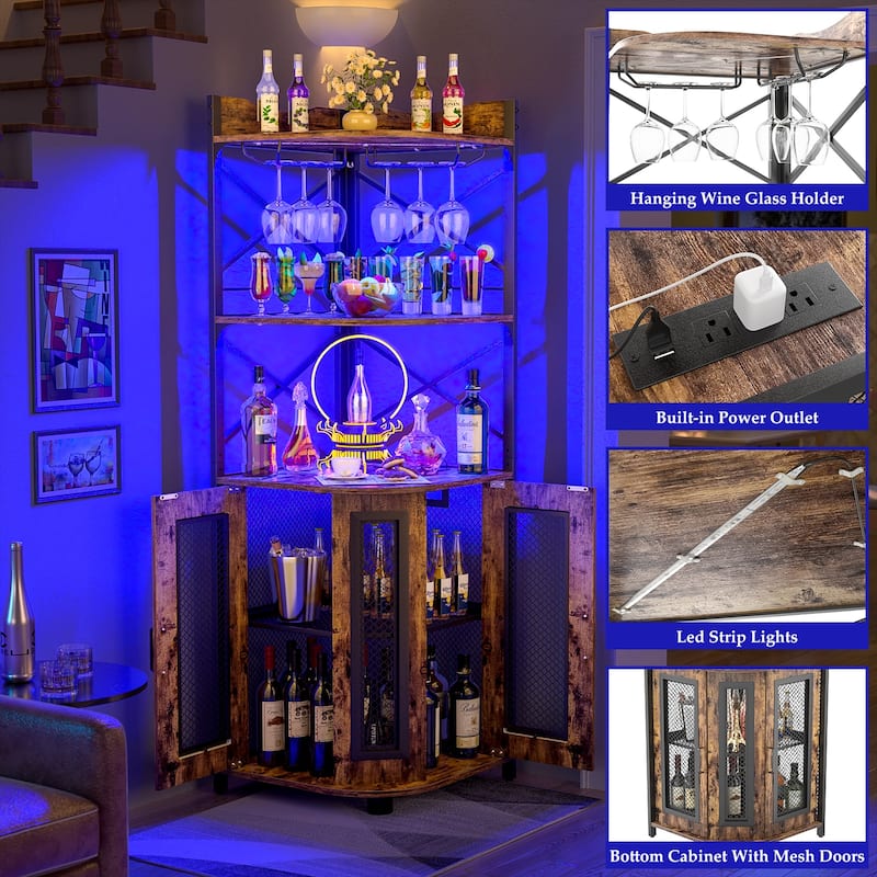 Farmhouse Wood Corner Buffet Bar Cabinet with Top Hutch