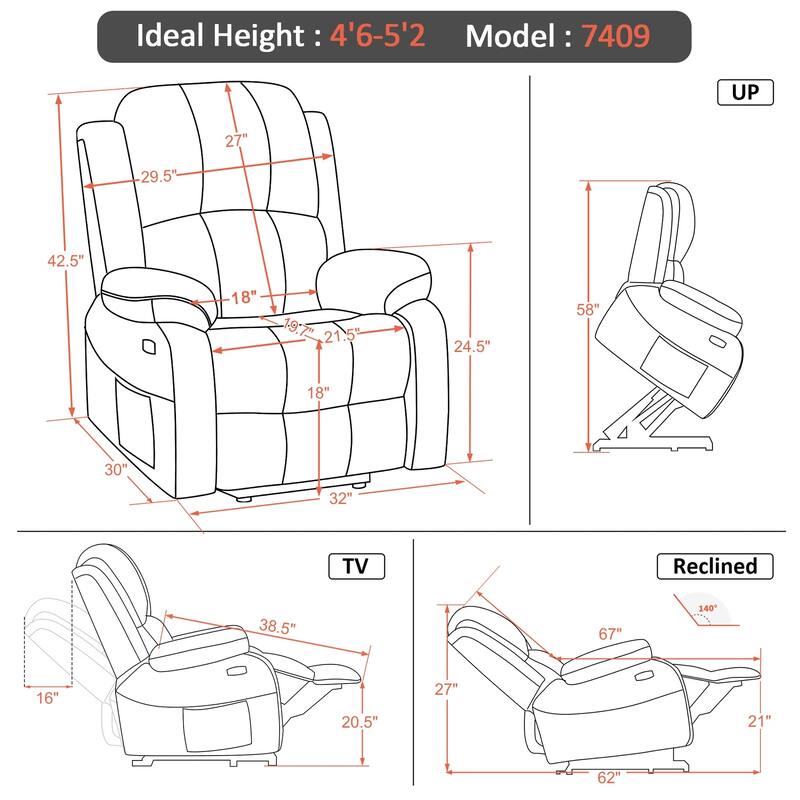 MCombo Small Sized Power Lift Recliner Chair with Massage and Heat, USB Ports, Faux Leather 7409