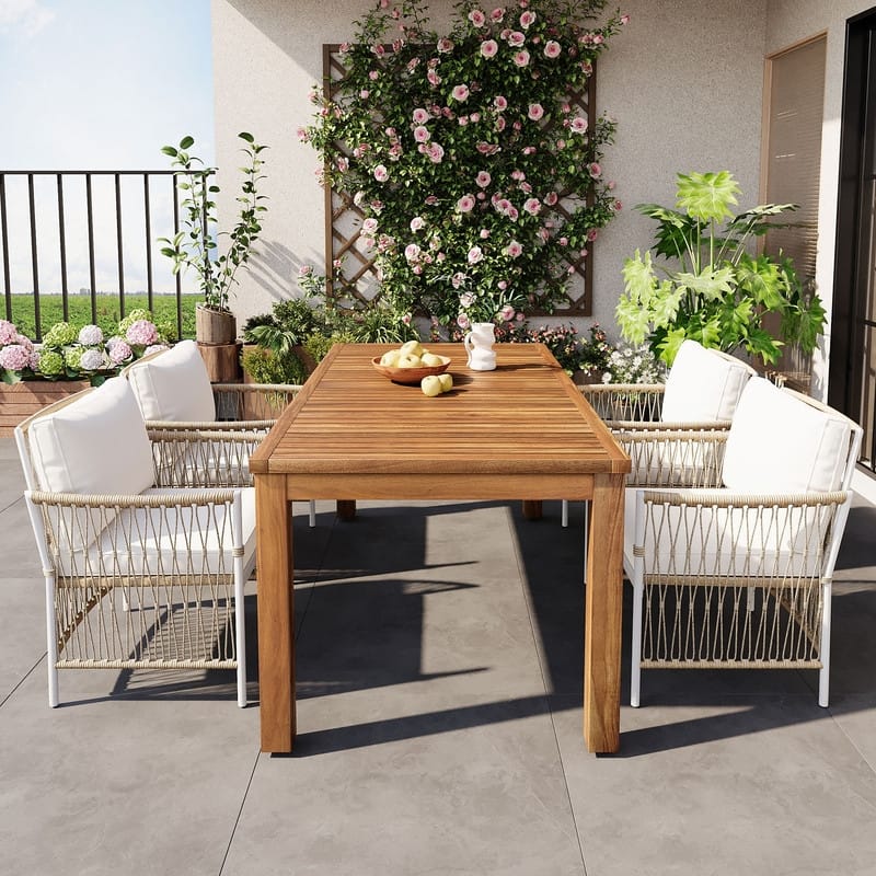 Patio Dining Table Set, 67 Inch Rectangular Acacia Wood Table with 6 Comfortable Rattan Chairs