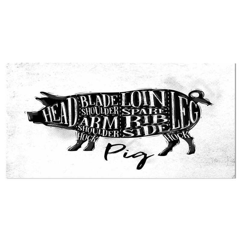 Designart "Pig pork cutting scheme" Farmhouse Animal Print on Wrapped Canvas - 32 in. wide x 16 in. high