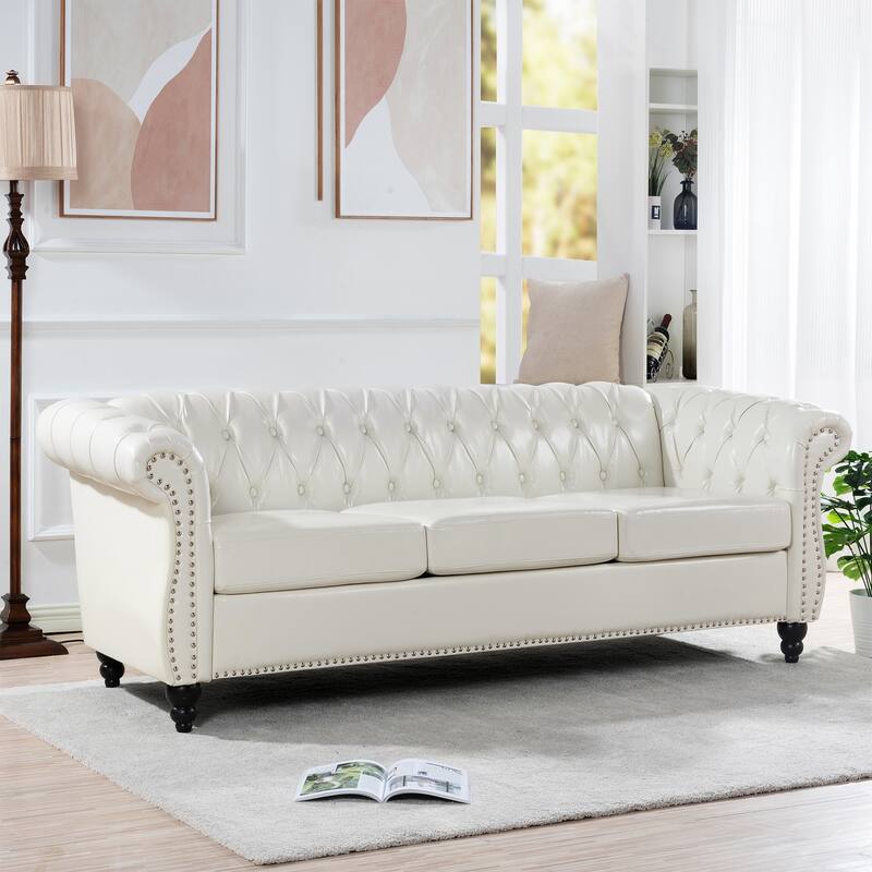 Chesterfield PU Leather 3 Seater Sofa, Upholstered Sofa with Rolled Armrests & Tufted Back, Lounge Sofa with Nailhead Trim - White