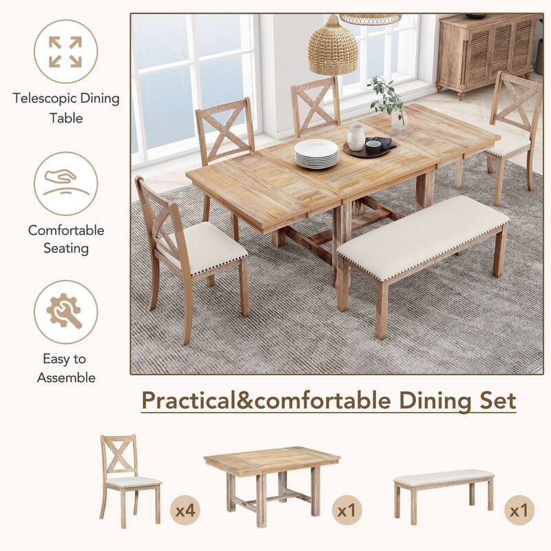 Roomfitters Farmhouse 82" 6-Piece Extendable Dining Table Set with Upholstered Chairs and Bench, Natural Beige