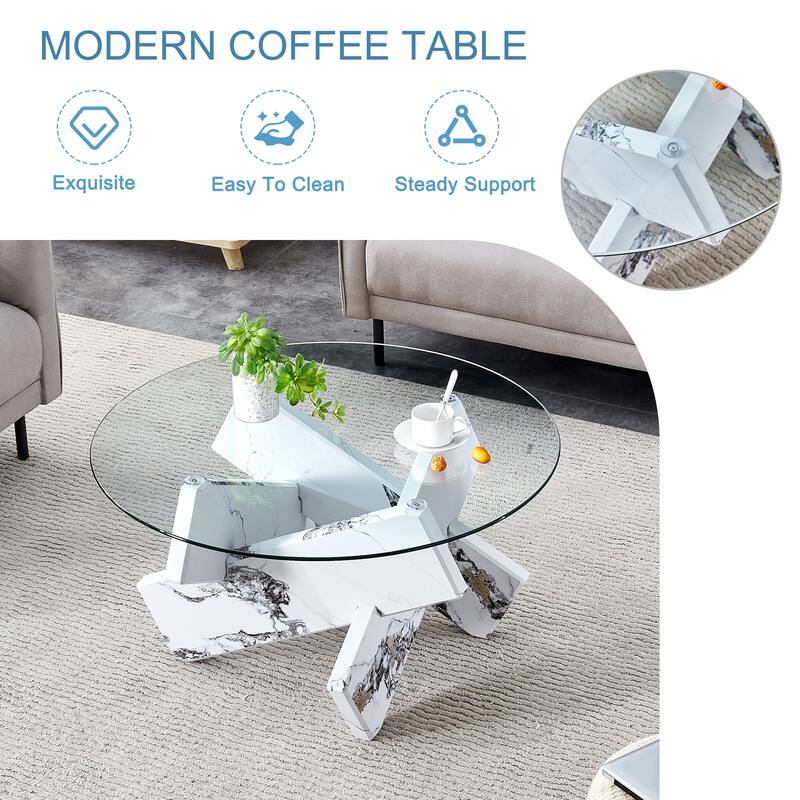 33.4" Modern Round Coffee Table with Clear Tempered Glass Top and MDF Legs for Living Room