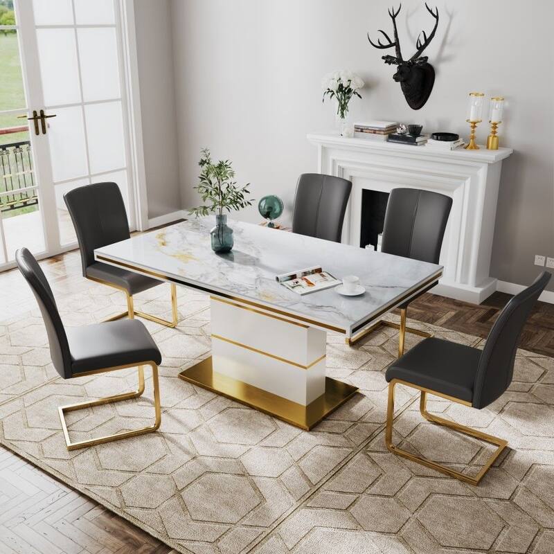 Luxury and Modern Home Dining Side Chair, White Leather Upholstered, Gold Legs, Set of 2, Assembly Needed - 37.80” - Set of 2 - Black