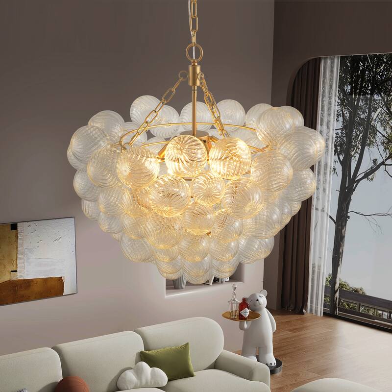 Modern Light Chandelier with Threaded Clear Glass Globe Shade Adjustable Height, for Living Room Dining Room, Kitchen