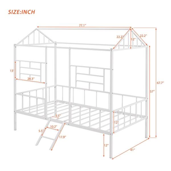 White Twin Size Metal House Bed Frame with Slatted Support, No Box Spring Needed