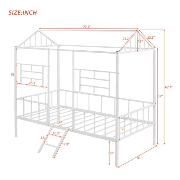 White Twin Size Metal House Bed Frame with Slatted Support