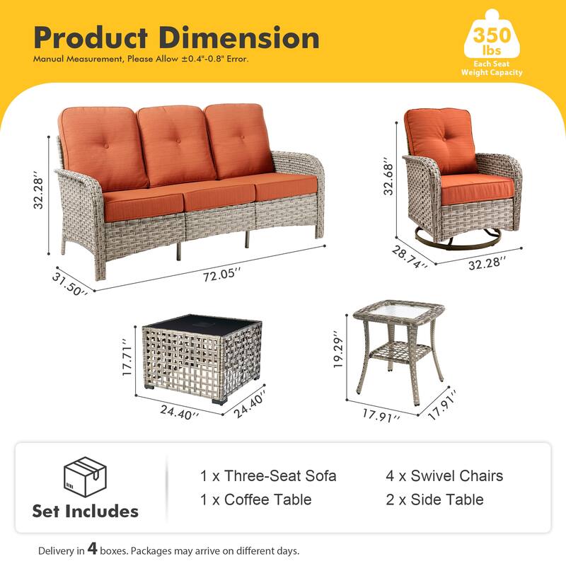 HOOOWOOO 8-piece Patio Wicker Rattan Swivel Rocking Chair Set with Solar-powered Table