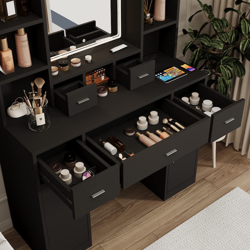 The dressing table with LED mirror is equipped with a hair dryer rack