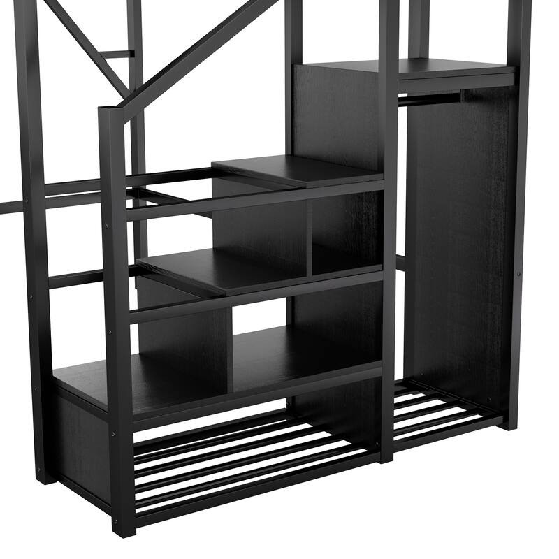 Full Size Loft Bed with Stairs, Metal Full Loft Bed with Storage Shelves, High Loft Bed with Wardrobe for Kids Teens