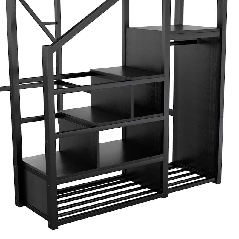 Metal Full Size Loft Bed with Stairs,Wardrobe and Shelves