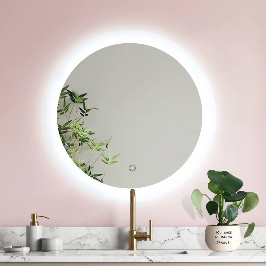 ExBrite 24 Inch Round Led Lighted Bathroom Mirror, Dimmable Anti-fog Wall Mounted Defogger Backlit Makeup Mirror Touch Switch