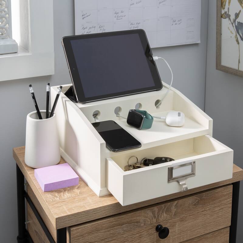 Organize It All Charging Station with Drawer in White - 12.00 x 12.00 x 6.00