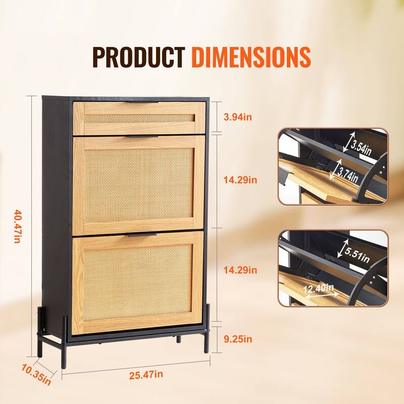 Modern Rattan Shoe Cabinet Narrow Wood Entryway Storage with Flip Drawers and Metal Legs - 25.47 x 10.35 x 40.47 inches