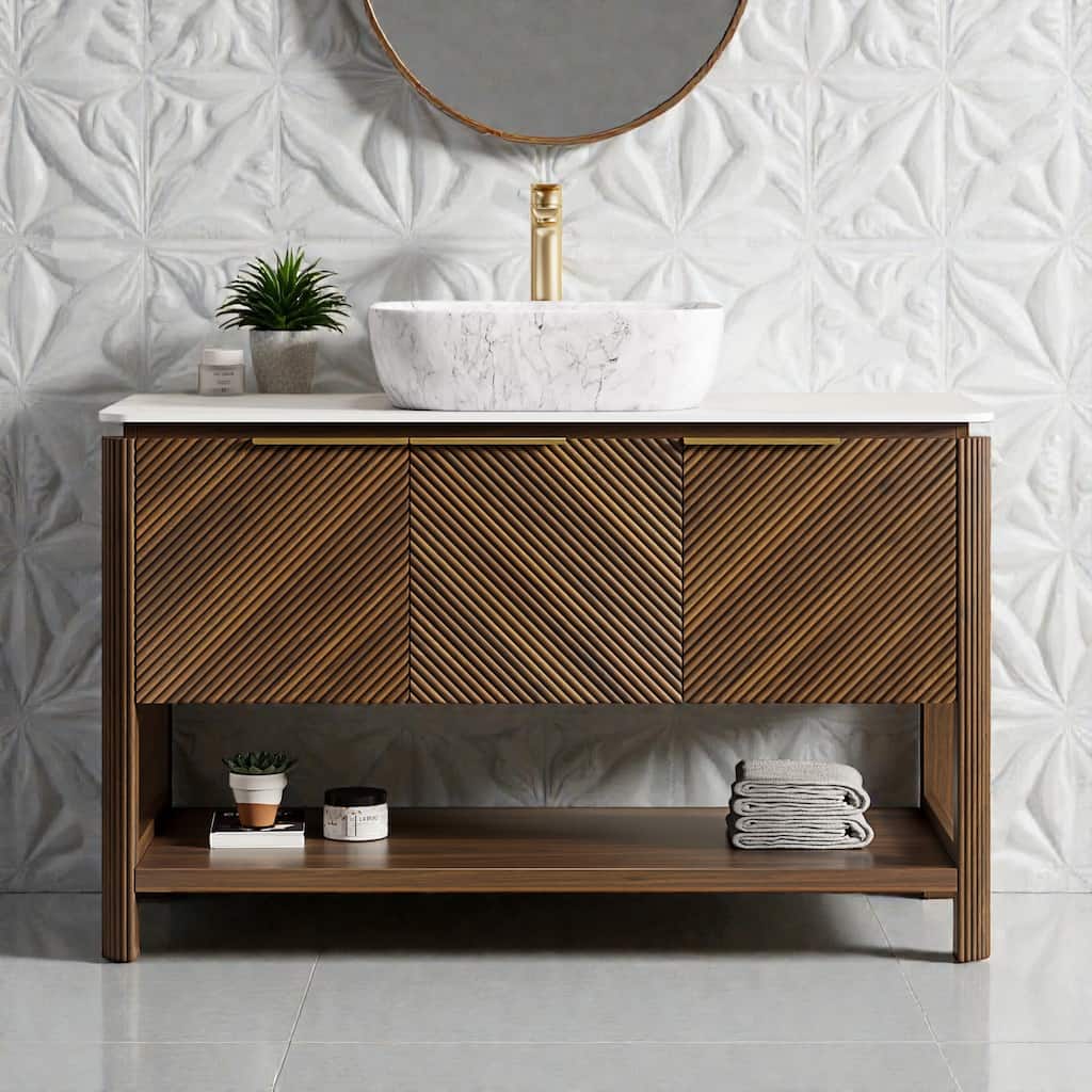 48" Freestanding Bathroom Vanity with Marble Pattern Vessel Sink, Carrara White Sintered Stone Top & Solid Wood Striped Doors