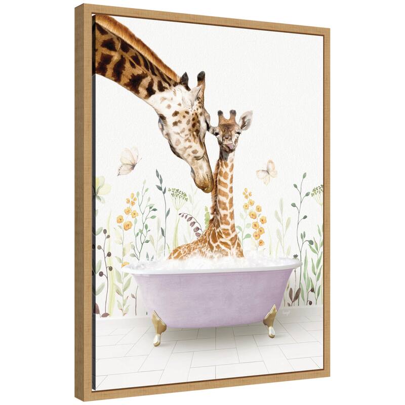 Kate and Laurel Sylvie Mother and Baby Giraffe in Spring Bathtub Framed Canvas by Amy Peterson - Natural