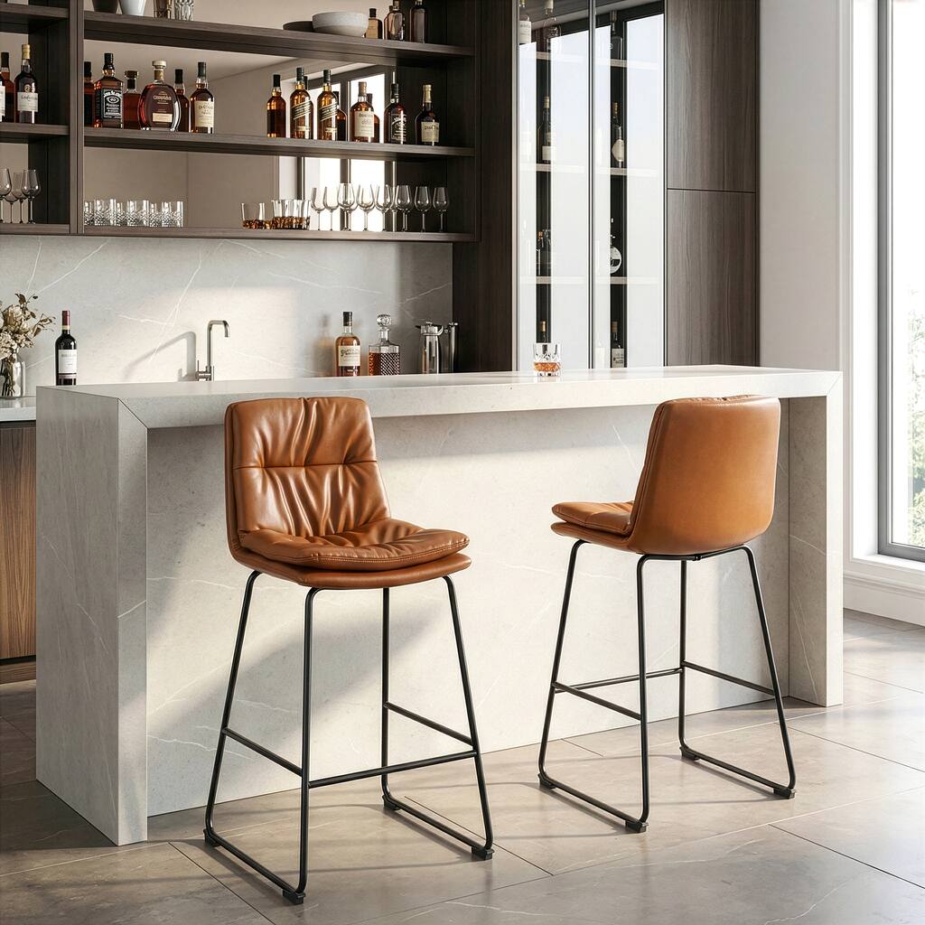 Set of 2 Bauer Brown Faux Leather Bar Stool with Black Iron Legs