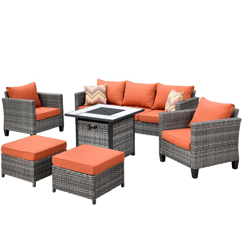 OVIOS 6-piece Patio Outdoor Wicker Conversation Set With 30" Fire Pit