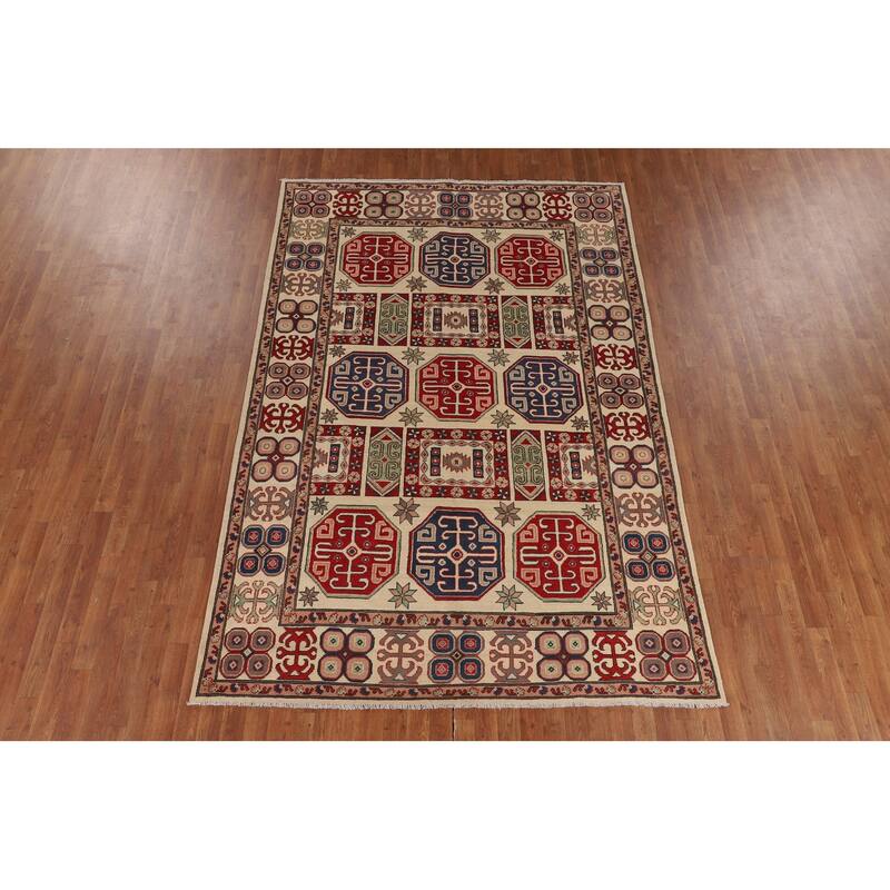 Traditional Beige Kazak Oriental Area Rug Hand-Knotted Wool Carpet - 6'6" x 9'6"