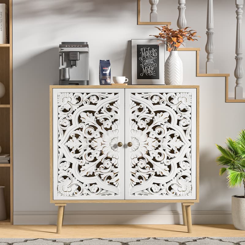 Anmytek Modern 2-Door Wood Sideboard Buffet Vintage Carved Storage Cabinet with Adjustable Shelf - 31.5" W x 13.8" D x 31.5" H