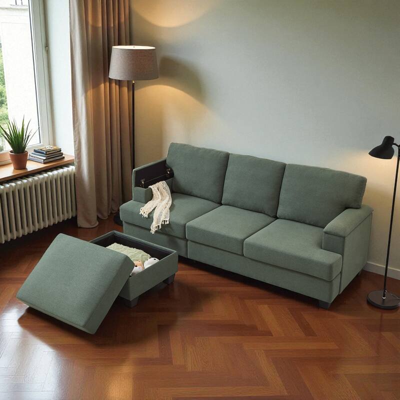 86" L-Shaped Sectional Sofa with Armrest Storage, Movable Ottoman, Thick Cushions, Linen Upholstery for Living Room