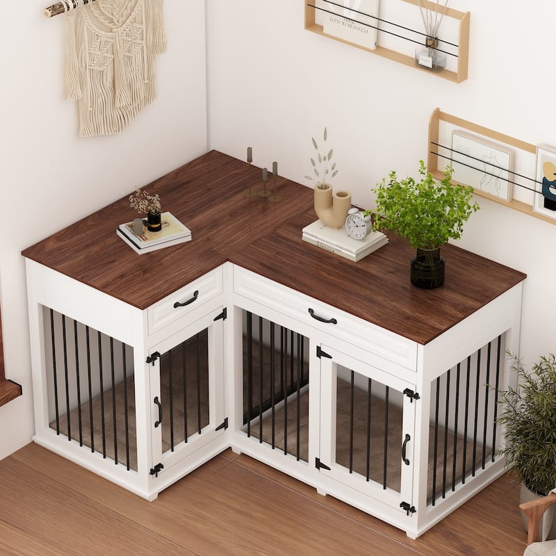 Corner Furniture-Style Dog Crate with Convenient Storage and Divider