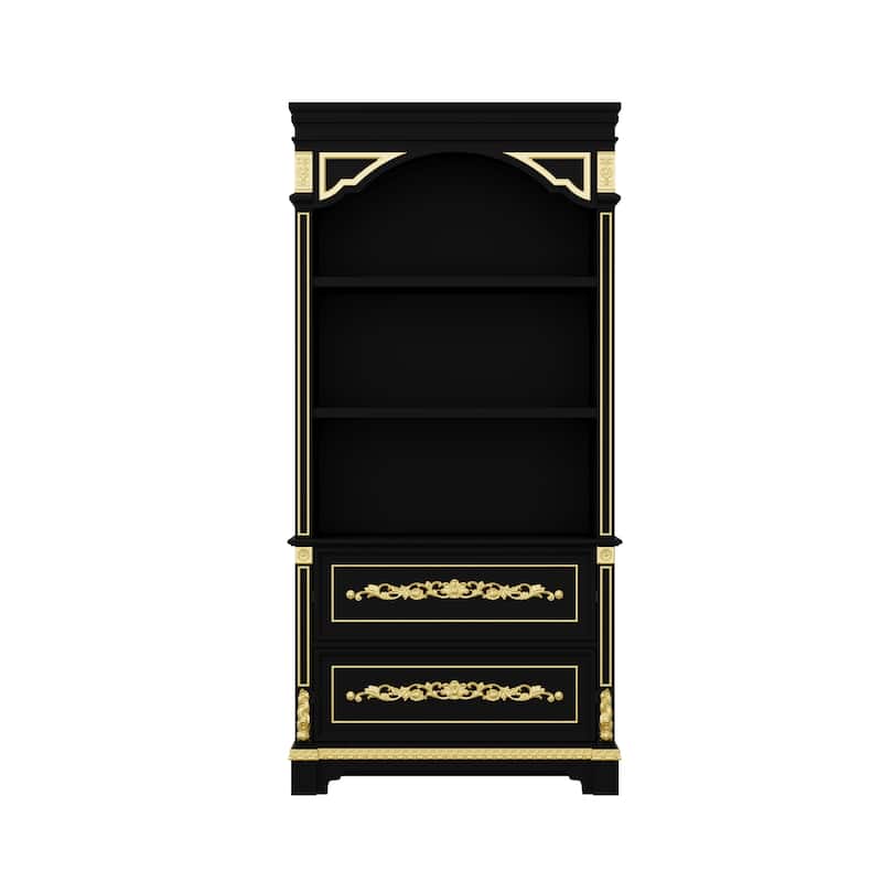 Black & Gold Display Cabinet with Shelves and Drawers, Elegant Glossy Bookcase for Living Room Storage