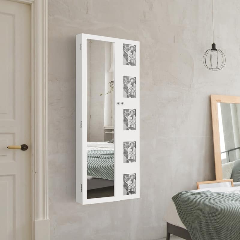 Wooden Wall Mounted Jewelry Armoire Cabinet with Photo Frame White - N/A - White