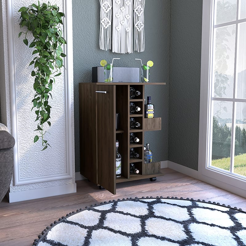 Bar Cart, Four Casters, Six Wine Cubbies, Single Door Cabinet