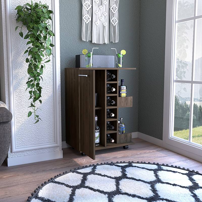 Bar Cart Wells And Four Casters With Six Wine Cubbies - Brown