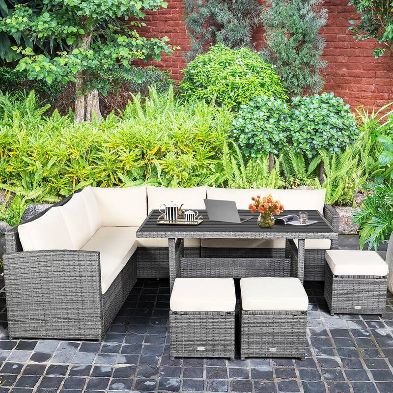 Gymax 7PCS Rattan Patio Sectional Sofa Set Conversation Set w/ White - See Details - White - See Details