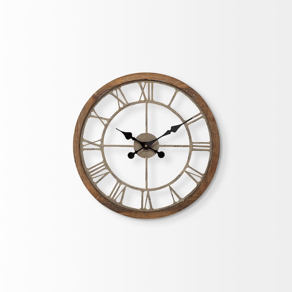 Mething Brown Wood and Gold Metal 19" Round Wall Clock - 19.0L x 18.9W x 2.0H