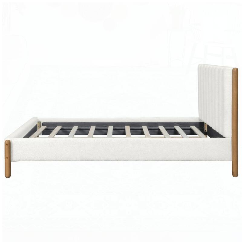 Bed Frame with Boucle Upholstered Thick Headboard and Solid Wooden Legs