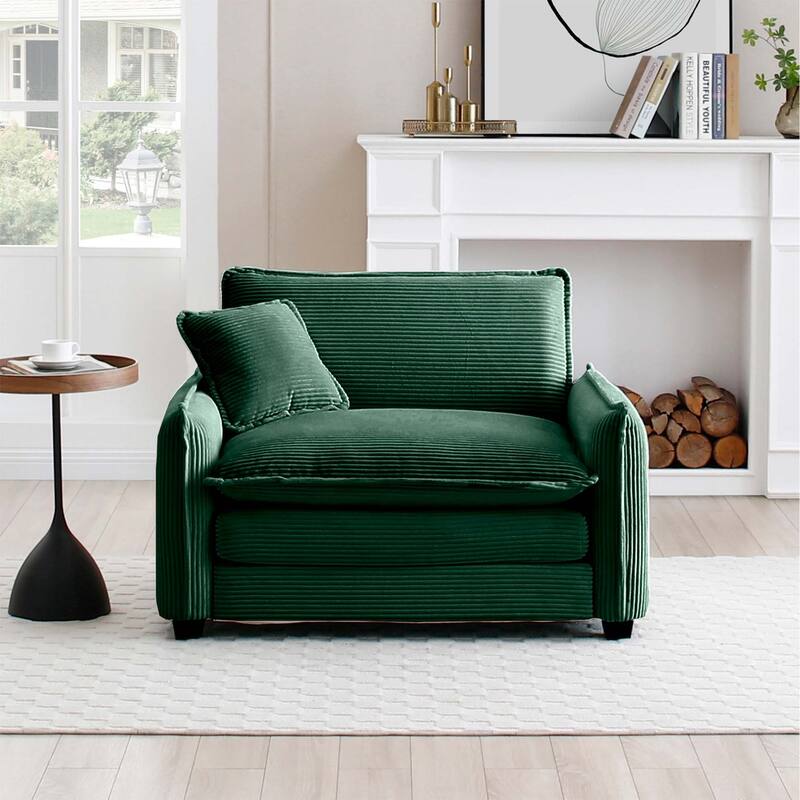 Corduroy Fabric Single Sofa Chair, Comfy Upholstered Reading Lounge Chair, Single Sofa with Removable Armrests & Pillow - Green