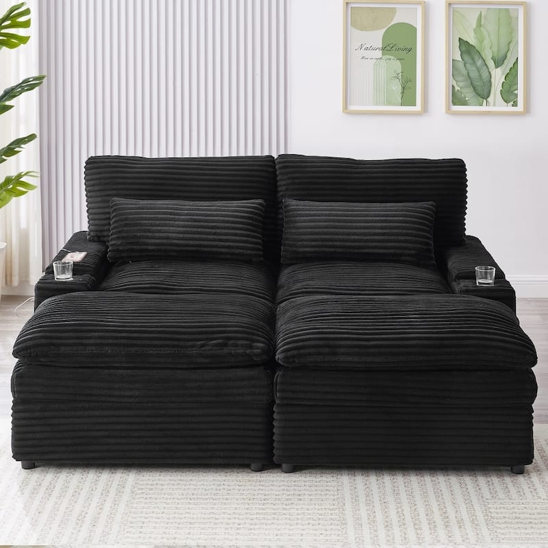 70.9" Loveseat Sectional Convertible Sofa with Ottomans and Storage Space, USB Ports