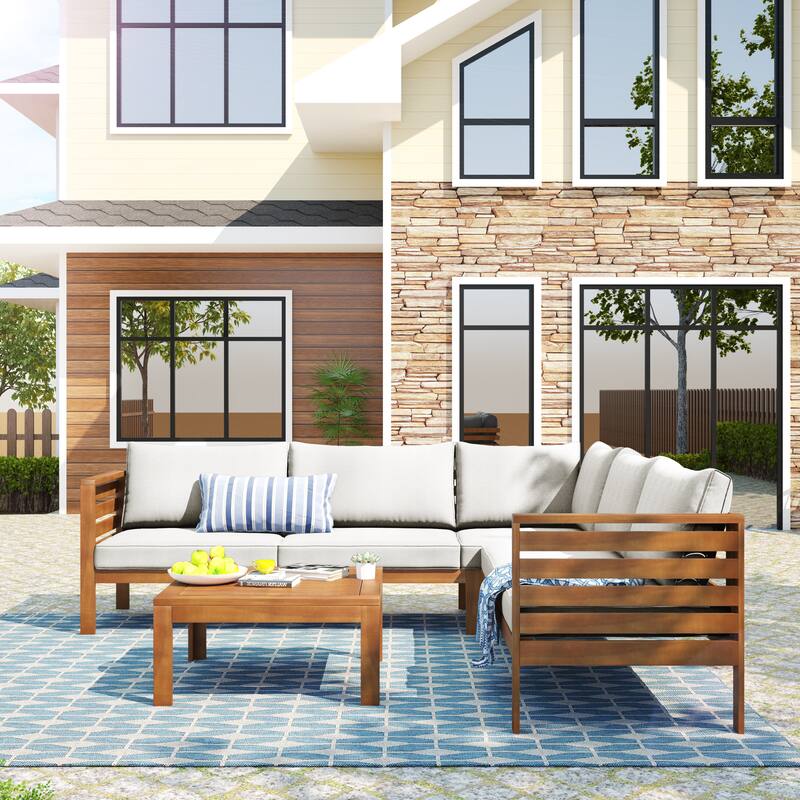 Roomfitters Wood Structure Outdoor Sofa Set with gray Cushions Exotic design Water-resistant and UV Protected texture - Beige
