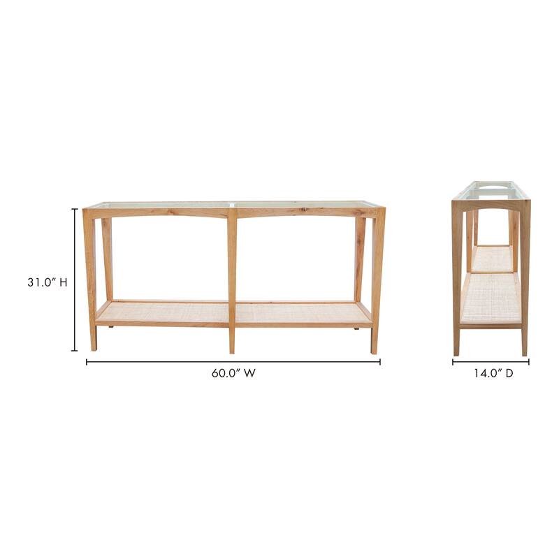 Aurelle Home Modern Glass Top Console Table w/ Rattan Shelf