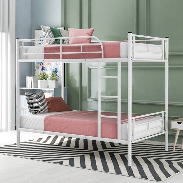 slide 2 of 18, Contemporary Twin-Over-Twin Metal Frame Bunk Bed Kids Bed with Stairs,Save Space,Split Into Two Beds White