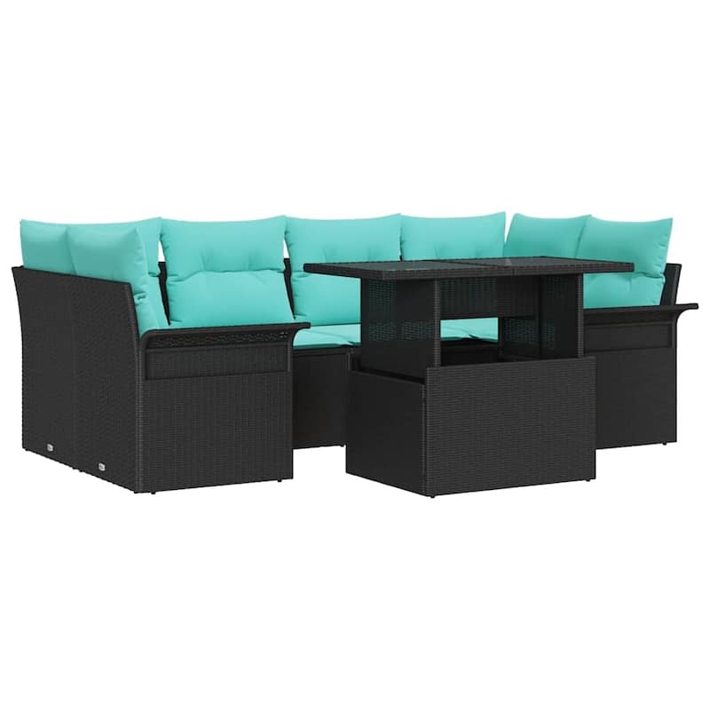 vidaXL 7 Piece Garden Sofa Set with Cushions Black Poly Rattan - 92.1×52.2×27.2