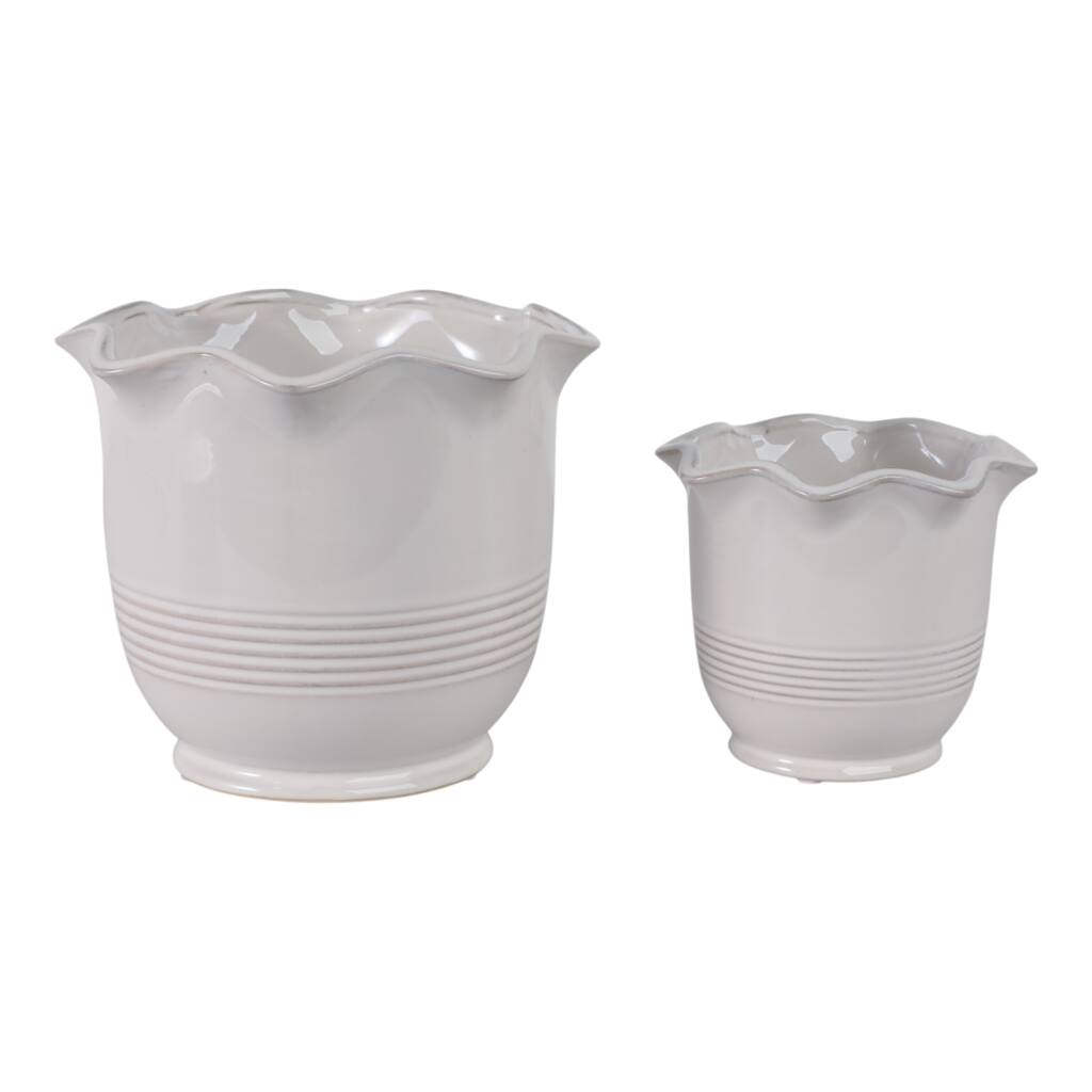 Ceramic Planter Scalloped Rim Ribbed Design Home Decor (Set of 2) - 8" x 8" x 6.75"