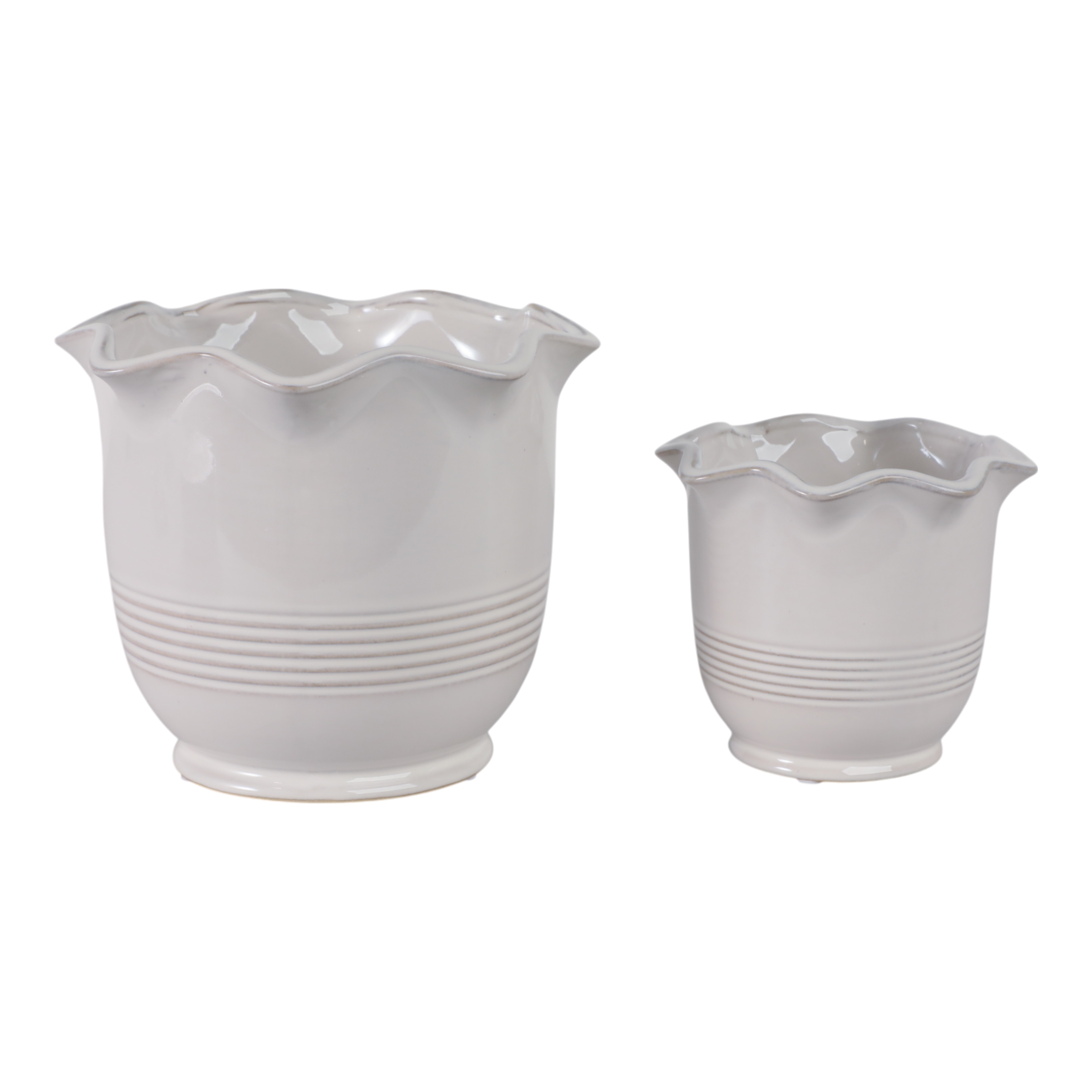 Ceramic Planter Scalloped Rim Ribbed Design Home Decor (Set of 2) - 8" x 8" x 6.75"