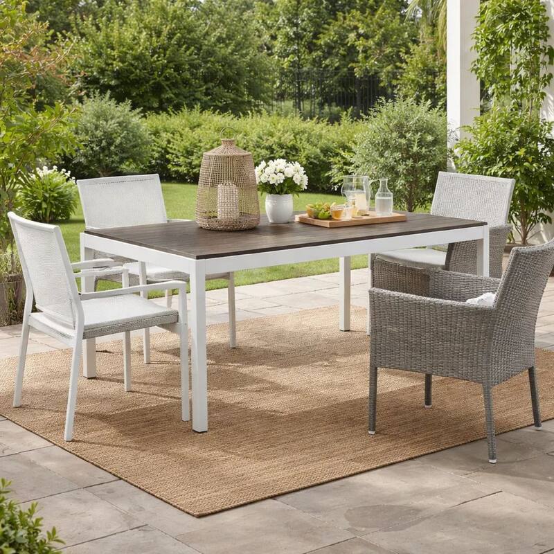 Fifi 71 Inch Outdoor Dining Table, Gray Polyresin Top, White Aluminum Frame